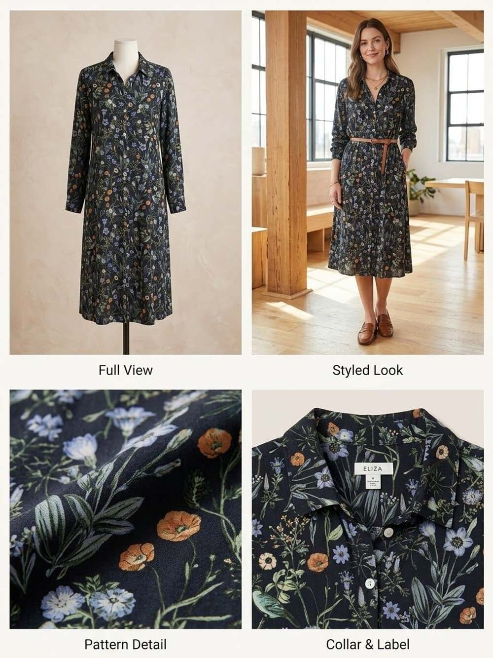 J.Jill Eliza Dress Size 4 Floral Long Sleeve Button Front Midi